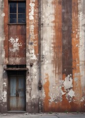 Weathered industrial facade, peeling paint reveals rusting metal beneath, urban backdrop , rusty, stock photo, grunge