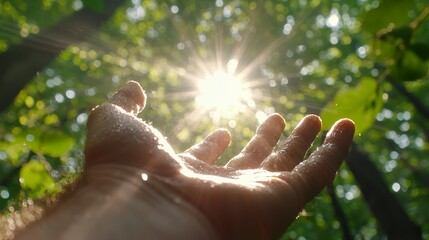 Hand Reaching for Sunlight in a Forest