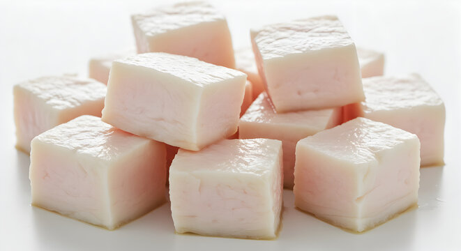 Close Up Of Pork Lard Cubes Stacked On White Surface For Culinary Use