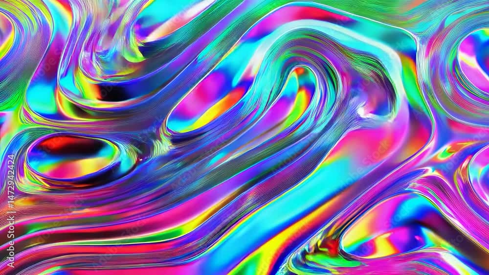 Poster holographic liquid flow in vibrant color stream, wave pattern with smooth surface texture, seamless 