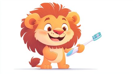 Fototapeta premium Adorable cartoon lion cub holds toothbrush ready for brushing teeth kid fun cute baby blue icon care