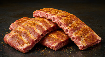 Obraz premium Seasoned Pork Ribs Stacked And Ready For Grilling Preparation on Black