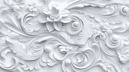 Elegant white floral ornament design baroque style wall texture 3d art home decor motif relief scroll