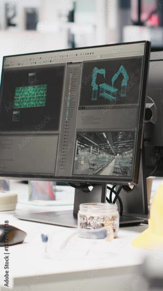 Poster vertical video pc on desk in empty photovoltaics factory used for data analysis and reviewing system
