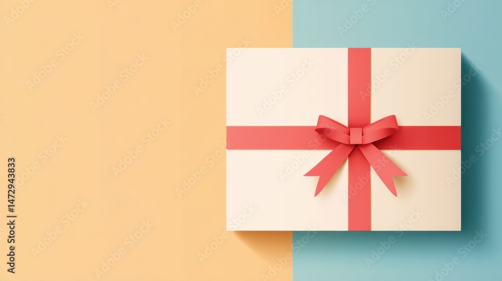 Poster minimalist flat design gift box with pink ribbon on colorful background in a modern setting for any 