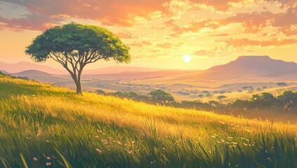 Golden hour landscape, solitary tree on grassy hill.  Sunrise view of a serene valley, painted in warm sunset hues.  Fluffy clouds and a majestic mountain peak in the distance