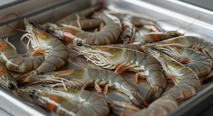 Fresh Raw Shrimp Displayed on a Metal Tray Prepared for Cooking