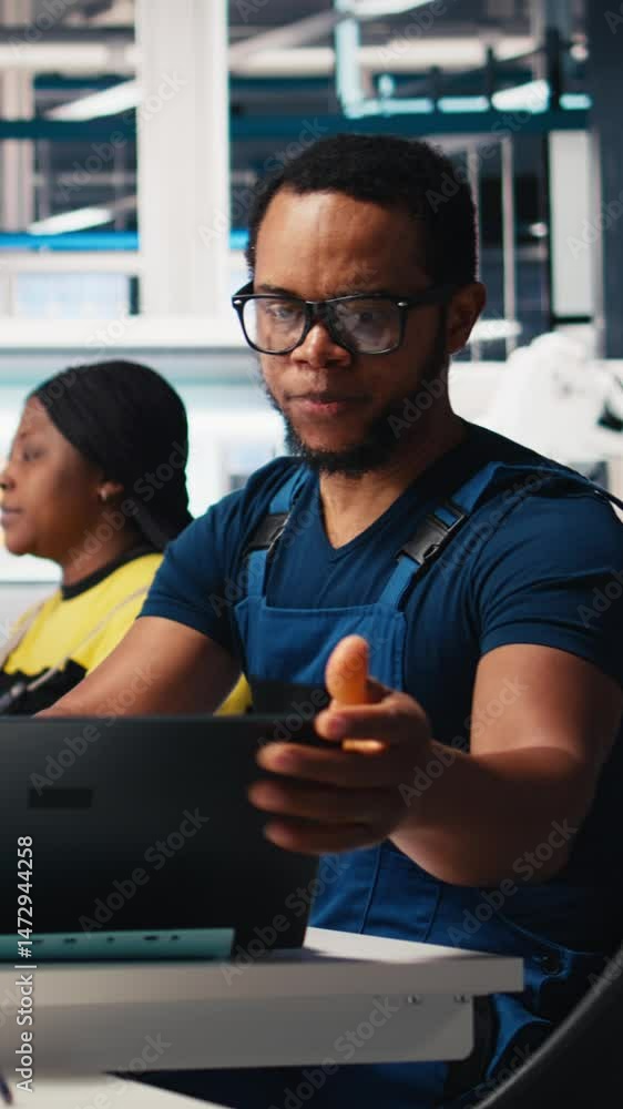 Poster vertical video black engineer inputs solar system parameters at industrial workstation, using pc in 