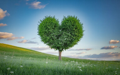 Obraz premium Heart-Shaped Tree of Love: A majestic tree, sculpted by nature, stands proudly in the heart of a green field. Its branches intertwine to form a perfect heart shape.