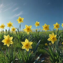 Sunny yellow daffodils burst forth in a vibrant green field under a clear blue sky , landscape, petals, bloom