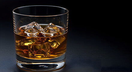 Whiskey On The Rocks Served In An Old Fashioned Glass Against Dark Backdrop