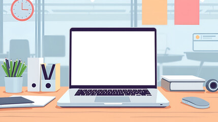 Fototapeta premium Vector illustration of a laptop computer with a blank empty display screen on a workplace desk, display, copy space