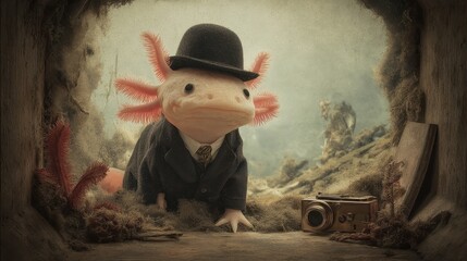 A whimsical amphibian in vintage attire amidst a cluttered scene.