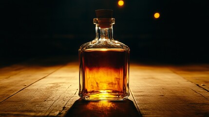 Amber liquid in glass bottle on rustic wooden table rum old bar pub dark club dark glow rich brown
