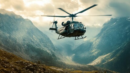 Fototapeta premium Military helicopter flies above mountainous terrain.