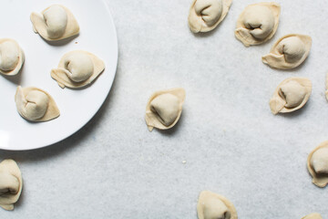Overhead view of dumpling being wrapped, top view of wonton being filled, process of making homemade wontons