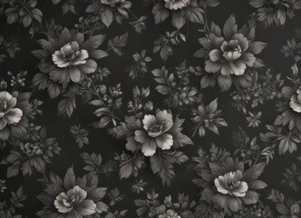 Elegant small-scale charcoal floral wallpaper  Vintage feel, leafy accents , floral seamless, grey background, delicate pattern