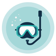 Stylized scuba diving mask illustration with bubbles on a soft turquoise background, representing summer holiday activities and the concept of water sports or diving schools.