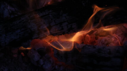 Close-up of Bright Orange Flames Burning Wood in the Dark Background for Intense Fire Effects