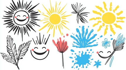 Songkran Smiling Faces, Colorful and Cheerful Hand-Drawn Sun and Floral Elements Collection