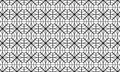 Modern minimalist black and white geometric pattern with concentric circles and intersecting lines forming symmetrical grid. Radial symmetry in diamond shapes, clean abstract design for backgrounds.