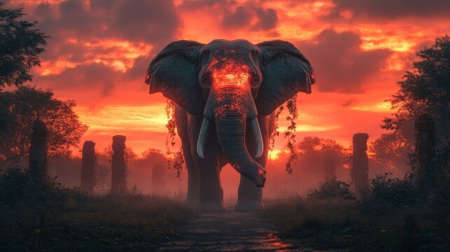 Majestic elephant stands sentinel in fiery sunset. - Powered by Adobe