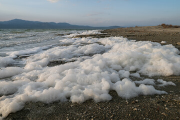 White foam accumulating on the shore of a rippling lake.