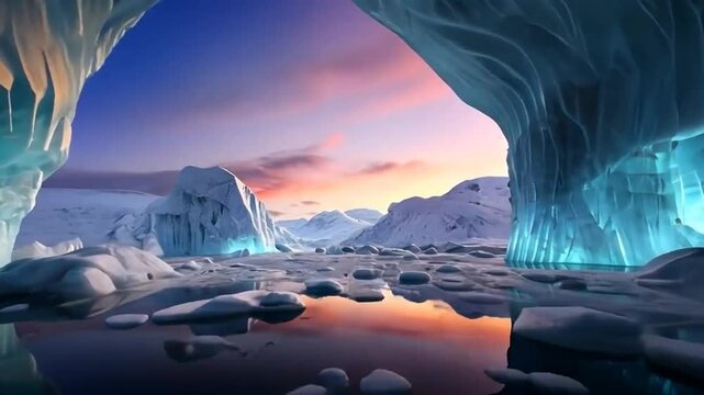 Sunset Glow in an Enchanted Ice Cave &ndash; Vibrant Pink & Orange 4K Scene