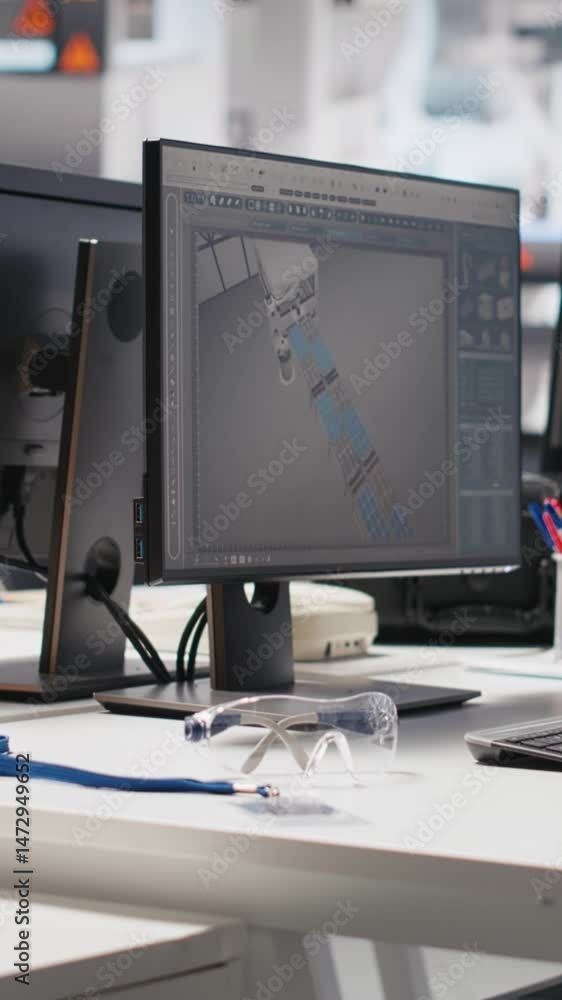 Poster vertical video computer software in photovoltaics factory used for optimizing production flow. pc pr