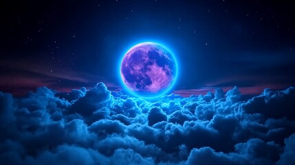 A Mystical Celestial Scene: Illuminated Moon Above a Sea of Fluffy Clouds at Dusk