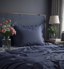 Elegant navy bedding, king-size bed, simple flowers in a glass vase beside it , color, comfort