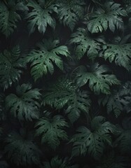 Intricate black & green exotic leaf pattern; dark, dramatic, stylish, trendy,  seamless,  background,  vibrant