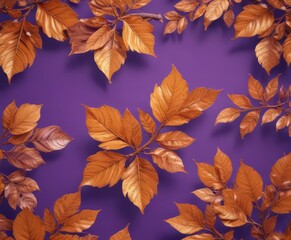 Fototapeta premium Intricate dry orange leaves, violet backdrop Metallic sheen, textured design , line, dried