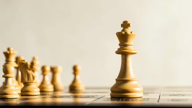 Chess strategy: closeup movement of wooden king on chessboard
