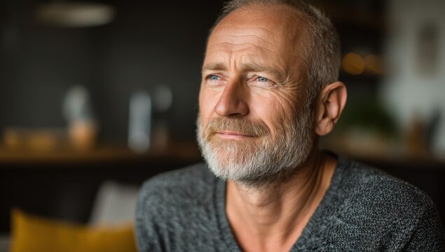Thoughtful mature man with graying hair and beard, lost in contemplation.  Warm lighting casts a pensive mood.