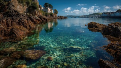 Crystal-clear waters reveal a rocky seabed near a charming coastal building.