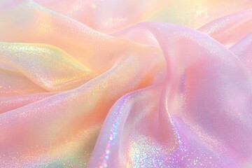 Delicate, iridescent fabric with soft pastel hues.  A smooth, flowing texture of light pink, peach, and gold shimmers with subtle iridescence