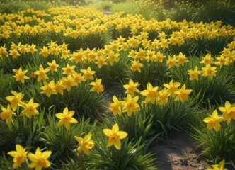 Obraz premium A carpet of cheerful yellow daffodils basks in the sunlight, surrounded by verdant grass , light, vibrant