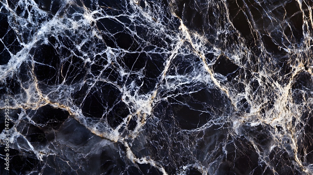 Poster a high-angle, close-up of a dark, textured slab with a dense web of white and gray veining throughou