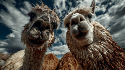 Obraz premium Alpaca and Llama Lovers Looking Up Against Blue Sky