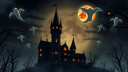 Haunted Halloween Night with Spooky Castle and Ghosts in the Sky