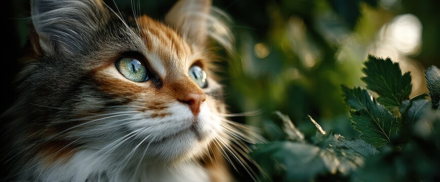 A stunning calico cat with piercing green eyes gazes upward amidst lush greenery.