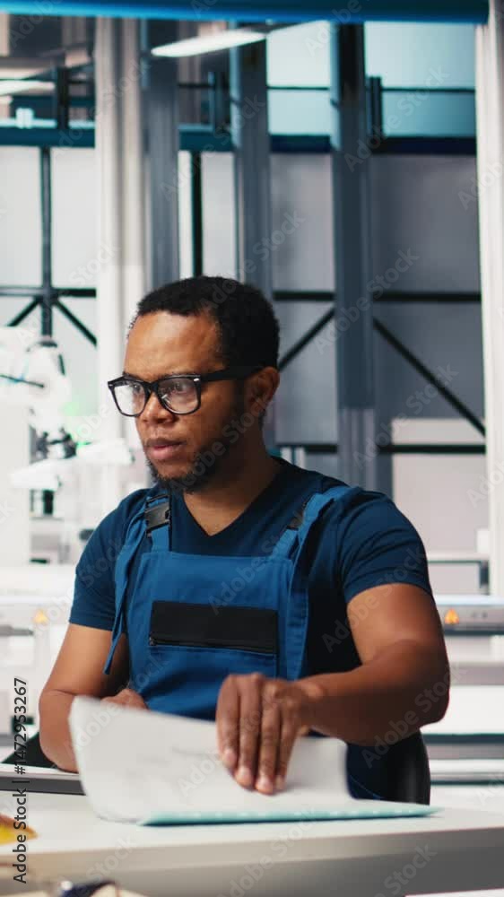 Poster vertical video black engineer implements automation logic in solar factory software, working on manu
