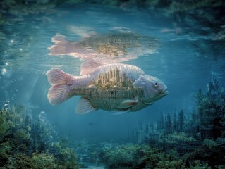 Fototapeta premium Submerged city reflected within a colossal fish.