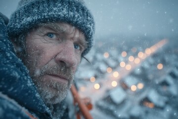 A rugged individual braving the snow with a backdrop of blurred lights and winter scenery