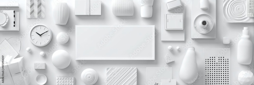 Poster vibrant clean layout featuring retail objects, highlighting design elements for promotional use in a