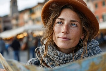 A person wearing a hat and scarf holding a map in an outdoor setting