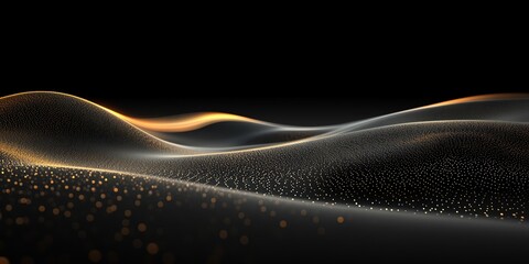 Abstract digital wave with gold dots and glowing lines flowing on black background, elegant texture representing luxury and modern design trend.