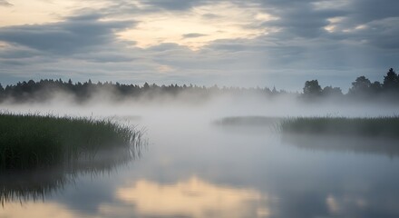Misty Morning Lake with Fog and Reeds