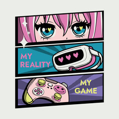 Anime style gamer tee design with girl Anime eyes, pink hair, gamepad, Virtual reality, VR glasses. Kawai girl face, comics style t shirt design for gamer